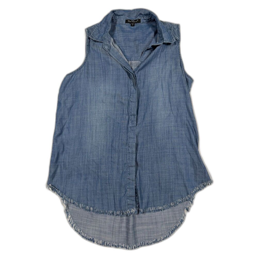 Velvet Heart Chambray Denim Sleeveless Shirt Fringe Raw Hem Blue Top Medium M